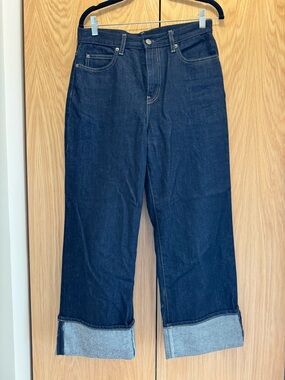 Uniqlo Women's Straight Leg Jeans in Dark Blue with Cuffed Hem